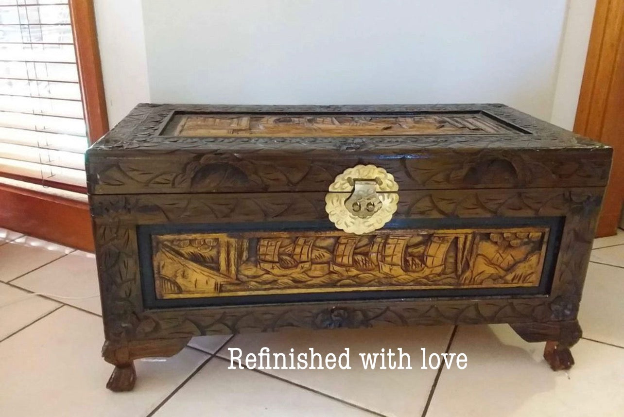 White camphor chest with gold latch