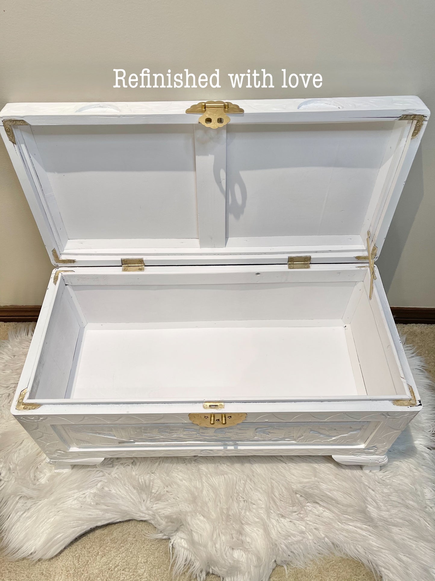 White camphor chest with gold latch